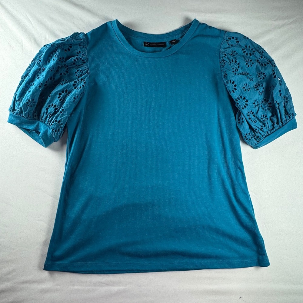 New York & Company Teal Blue Eyelet Puff Sleeve Waffle Knit Top XL